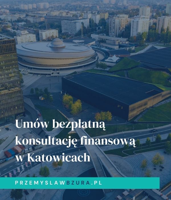 widok z drona na Spodek i panoramę Katowic